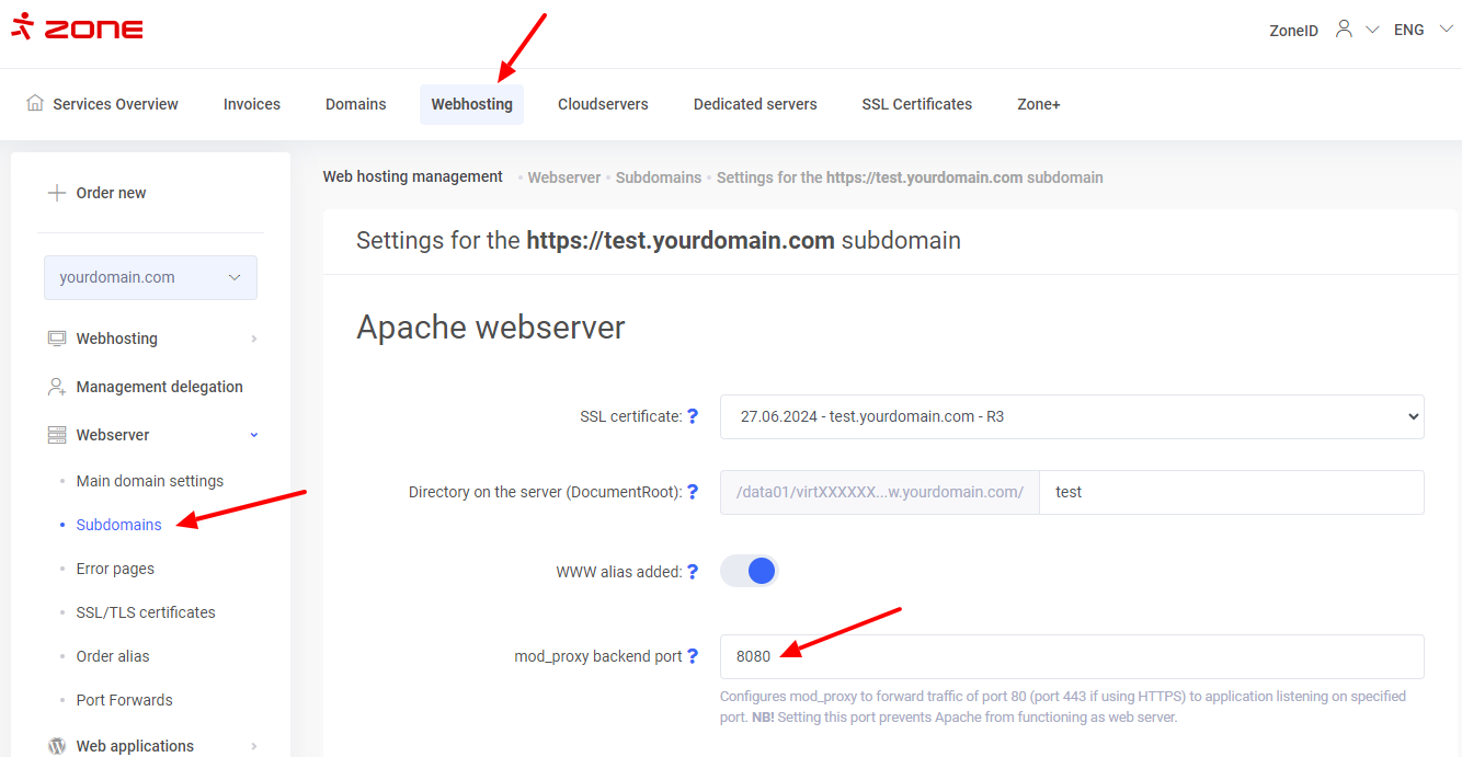 Pievienot modproxy portu