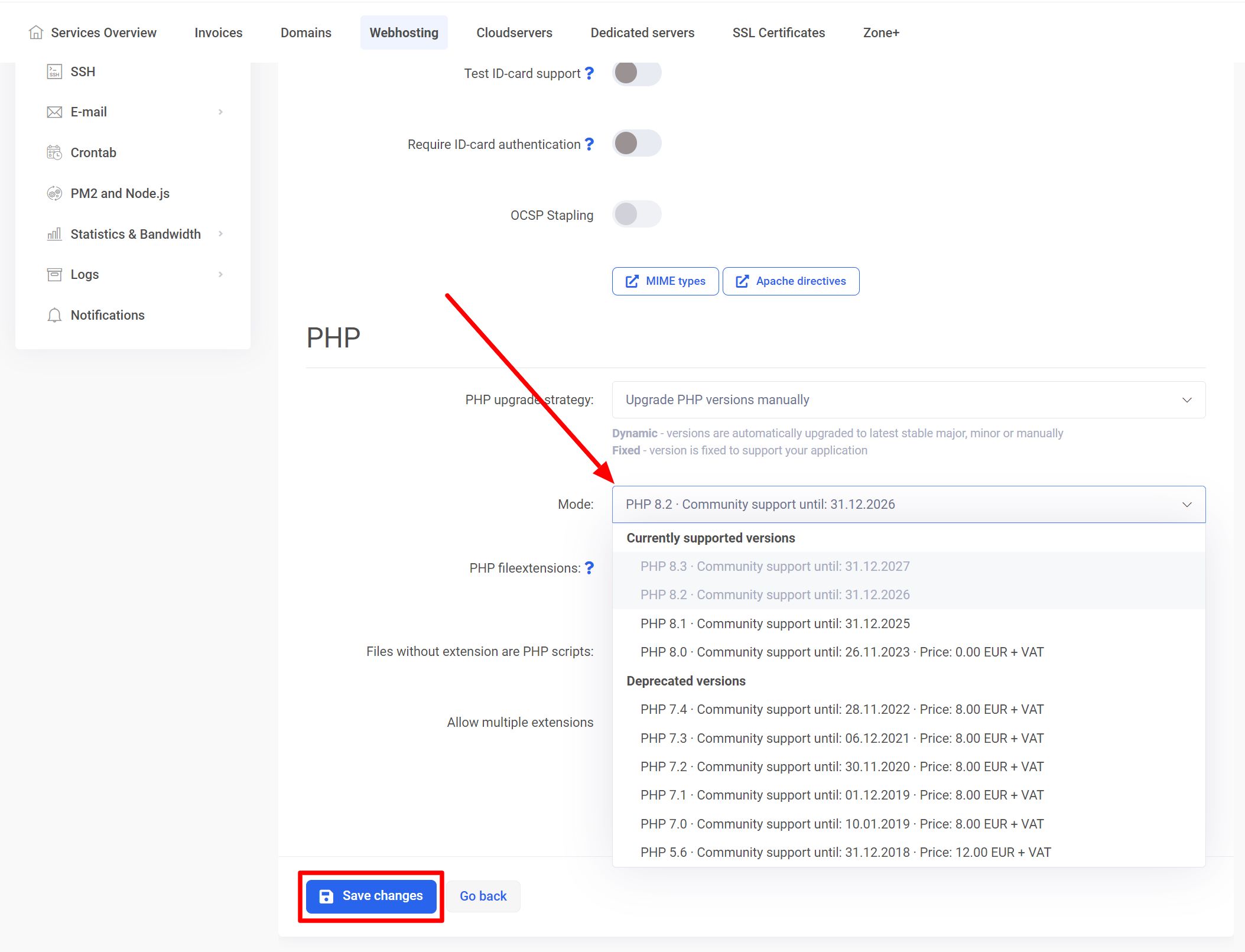 change php version on virtual server