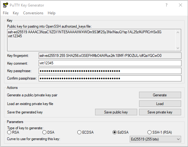 PuTTYgen publiskā un privātā atslēga