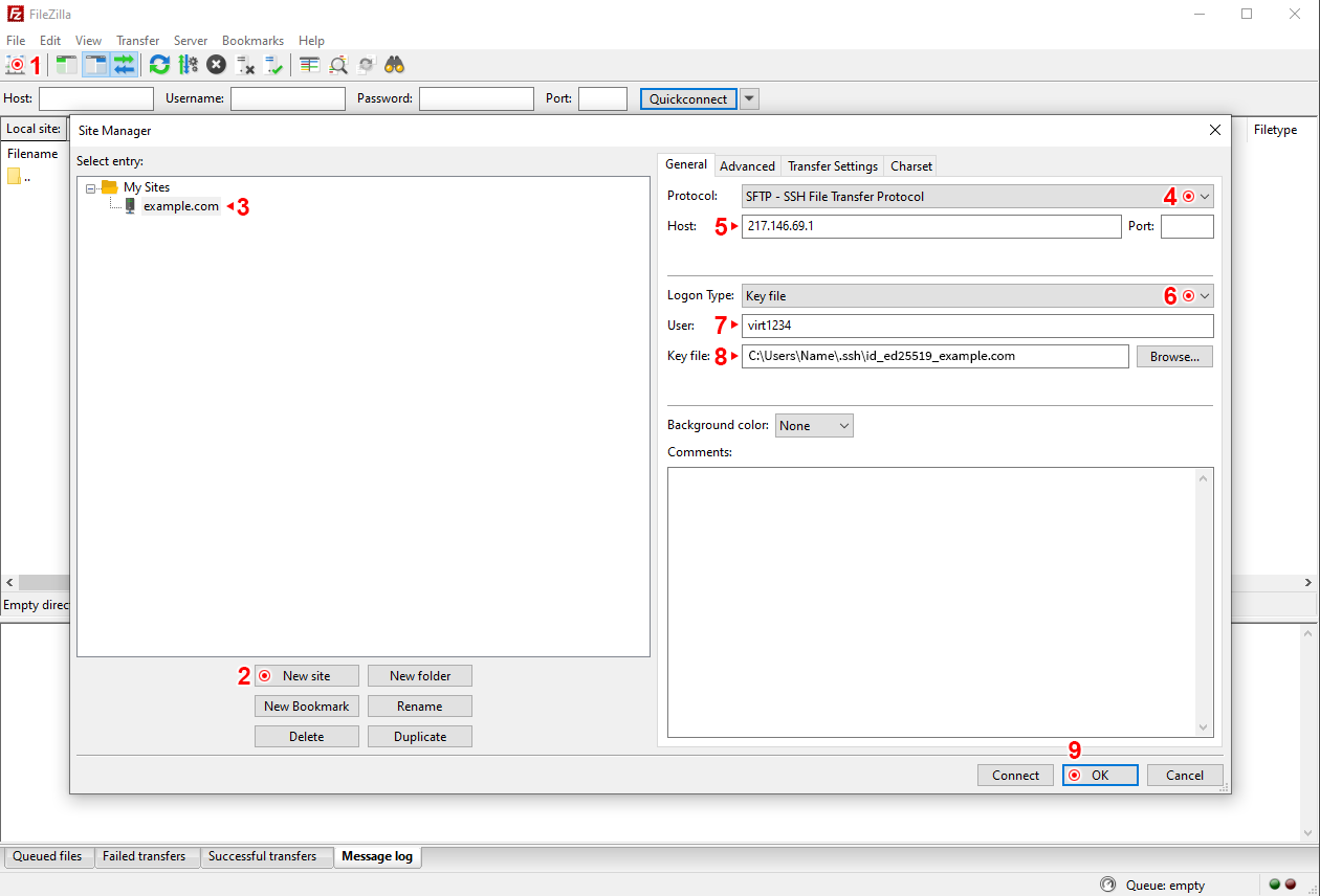 FileZilla SFTP savienojuma iestatījumi.