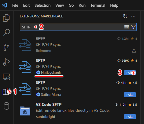 Visual Studio Code - SFTP paplašinājuma instalēšana