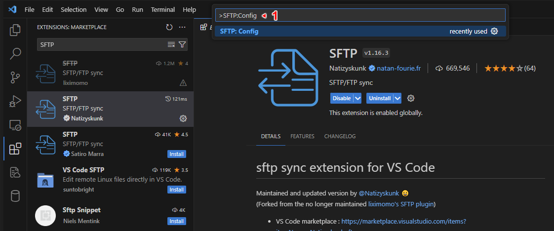 Visual Studio Code - SFTP paplašinājuma iestatījumi