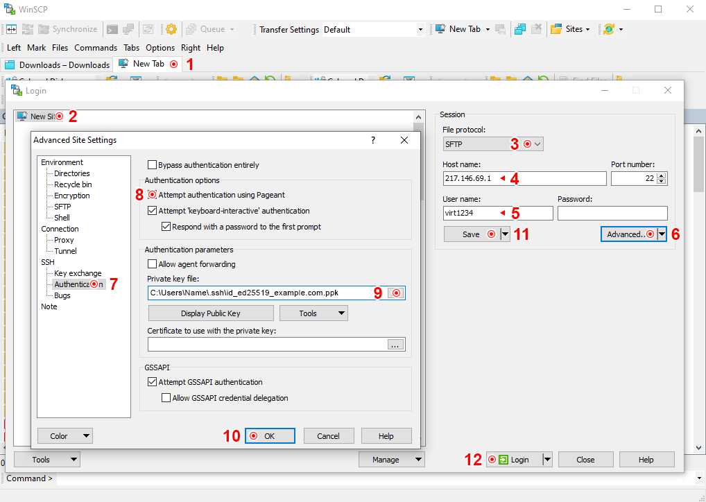 WinSCP SFTP savienojuma iestatījumi
